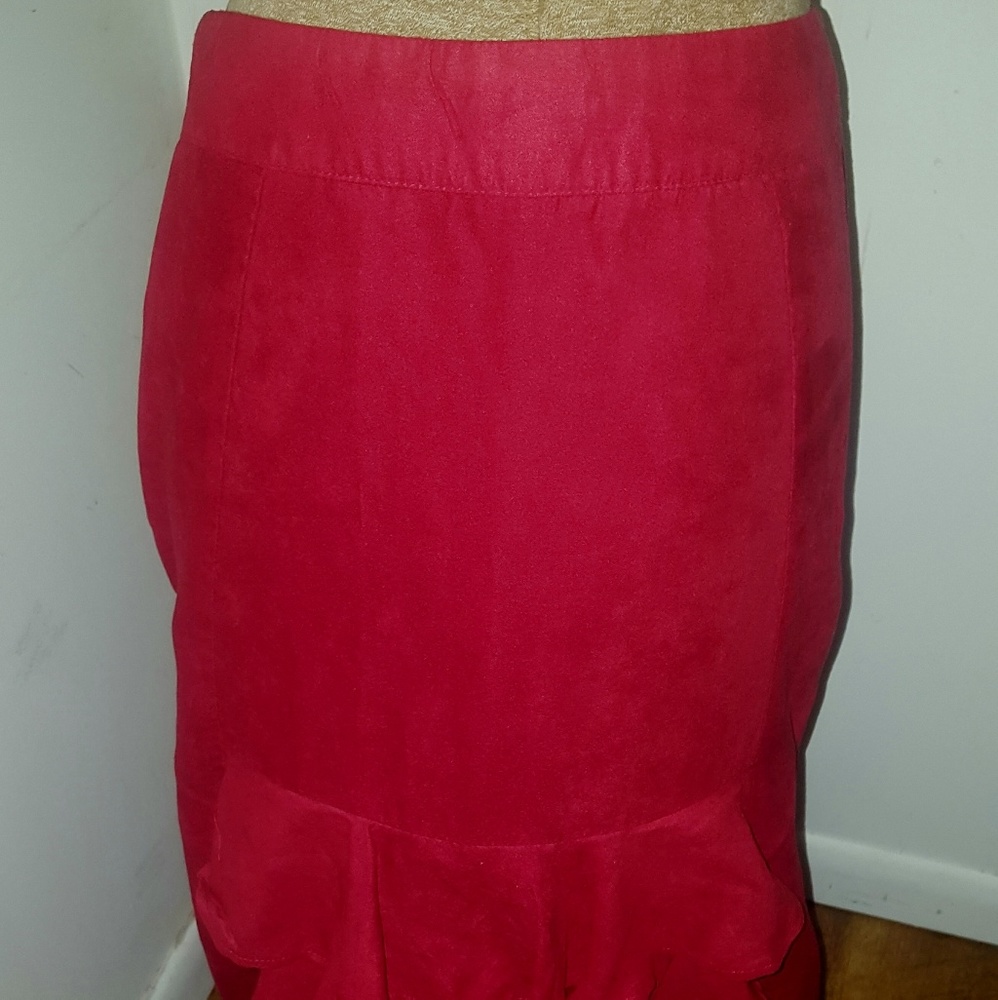 Red Suede type long victorian ruffled skirt sz. 12